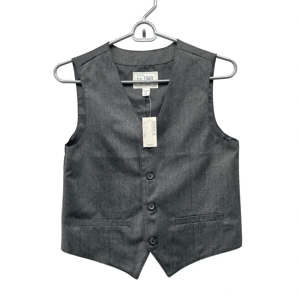 NWT The Childrens Place Formal Vest Boys XL 14 Gray Waistcoat Suit Vest